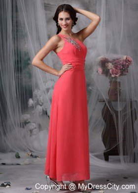 Coral Red One Shoulder Ankle-length Beading Prom Pageant Dresses