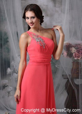 Coral Red One Shoulder Ankle-length Beading Prom Pageant Dresses