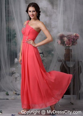 Coral Red One Shoulder Ankle-length Beading Prom Pageant Dresses