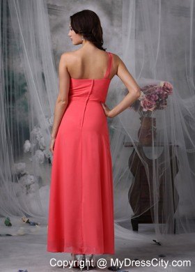 Coral Red One Shoulder Ankle-length Beading Prom Pageant Dresses