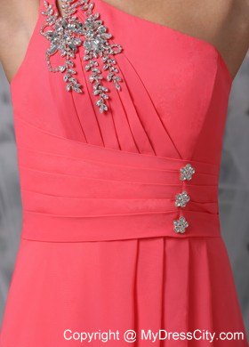 Coral Red One Shoulder Ankle-length Beading Prom Pageant Dresses