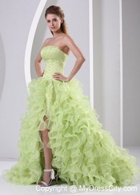 Yellow Green Ruffled Organza Prom Pageant Dress with Slit