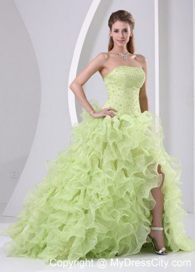 Yellow Green Ruffled Organza Prom Pageant Dress with Slit