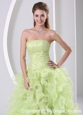 Yellow Green Ruffled Organza Prom Pageant Dress with Slit