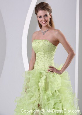 Yellow Green Ruffled Organza Prom Pageant Dress with Slit