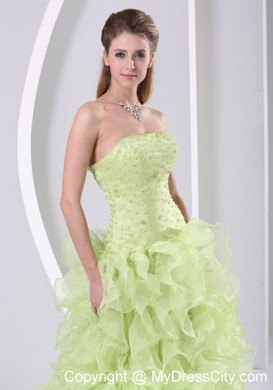 Yellow Green Ruffled Organza Prom Pageant Dress with Slit