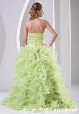 Yellow Green Ruffled Organza Prom Pageant Dress with Slit