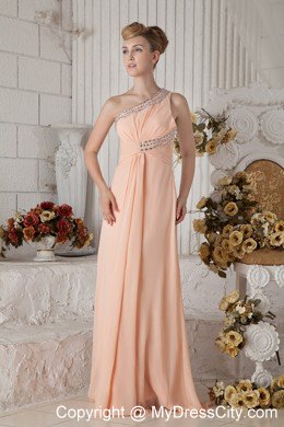 Peach Pink One Beaded Shoulder Chiffon Prom Dress Ruched