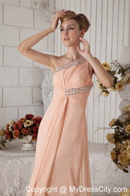 Peach Pink One Beaded Shoulder Chiffon Prom Dress Ruched