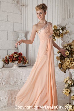 Peach Pink One Beaded Shoulder Chiffon Prom Dress Ruched