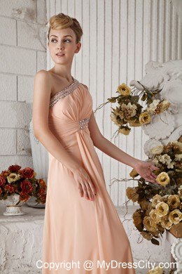 Peach Pink One Beaded Shoulder Chiffon Prom Dress Ruched