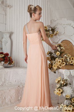 Peach Pink One Beaded Shoulder Chiffon Prom Dress Ruched