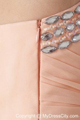 Peach Pink One Beaded Shoulder Chiffon Prom Dress Ruched