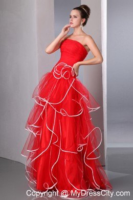 2013 Hot Red Strapless Ruffled Pageant Dress with White Hem