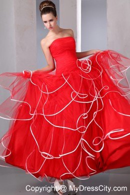 2013 Hot Red Strapless Ruffled Pageant Dress with White Hem