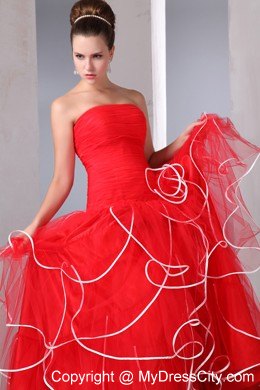 2013 Hot Red Strapless Ruffled Pageant Dress with White Hem