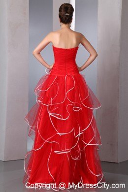 2013 Hot Red Strapless Ruffled Pageant Dress with White Hem