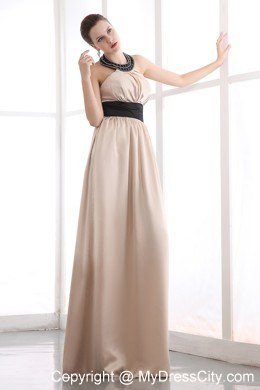 Halter Top Beaded Champagne Pageant Dress with Black Sash