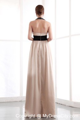 Halter Top Beaded Champagne Pageant Dress with Black Sash