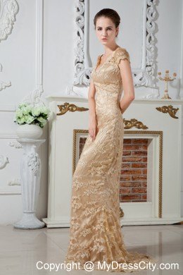 Long Champagne V-neck Lace and Embroidery Pageant Dress