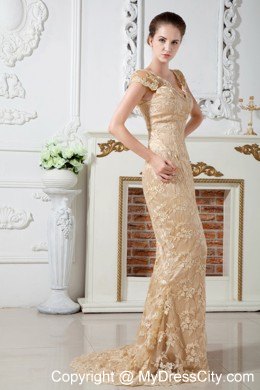 Long Champagne V-neck Lace and Embroidery Pageant Dress