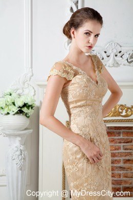 Long Champagne V-neck Lace and Embroidery Pageant Dress