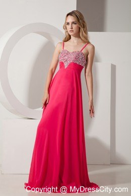 Beaded Spaghetti Straps Coral Red Prom Party Dress for Lady