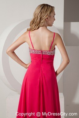 Beaded Spaghetti Straps Coral Red Prom Party Dress for Lady