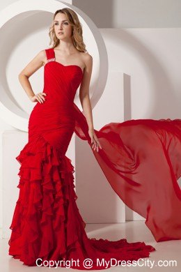 Red Mermaid Ruffles Pageant Dress One Shoulder with Train