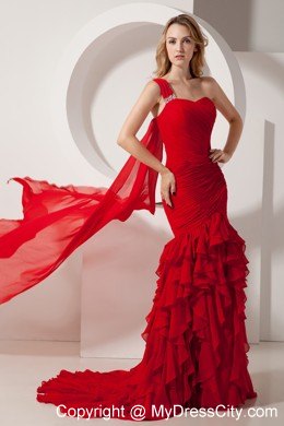 Red Mermaid Ruffles Pageant Dress One Shoulder with Train