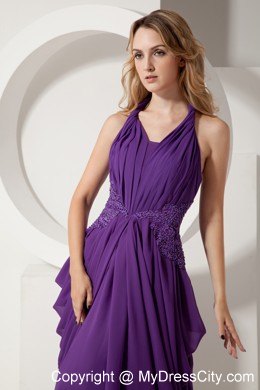 Purple Chiffon Halter Beaded Pageant Gown Chiffon with Train