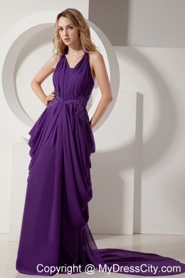 Purple Chiffon Halter Beaded Pageant Gown Chiffon with Train