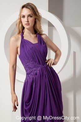 Purple Chiffon Halter Beaded Pageant Gown Chiffon with Train