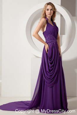 Purple Chiffon Halter Beaded Pageant Gown Chiffon with Train