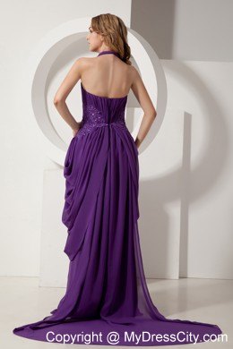 Purple Chiffon Halter Beaded Pageant Gown Chiffon with Train