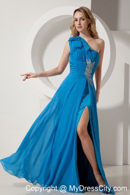 Sky Blue One Shoulder Backless Prom Pageant Dress Beaded