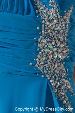 Sky Blue One Shoulder Backless Prom Pageant Dress Beaded