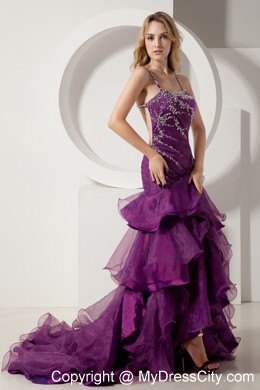 Beading and Ruffles Purple High-low Pageant Dress with Straps