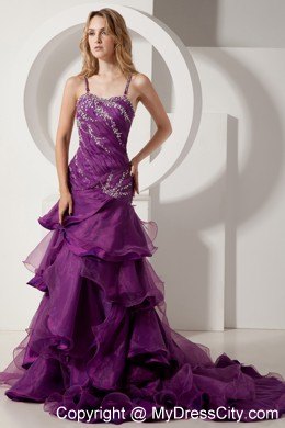 Beading and Ruffles Purple High-low Pageant Dress with Straps