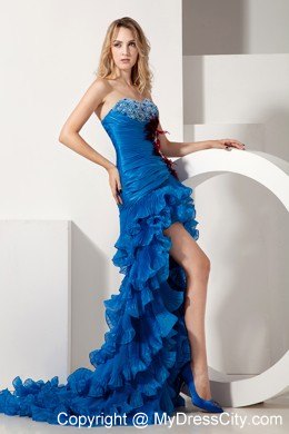 Blue Sweetheart Beading and Feathers Prom Dress with Ruffles