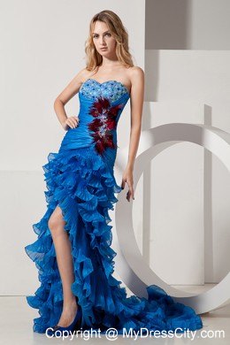 Blue Sweetheart Beading and Feathers Prom Dress with Ruffles