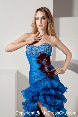 Blue Sweetheart Beading and Feathers Prom Dress with Ruffles