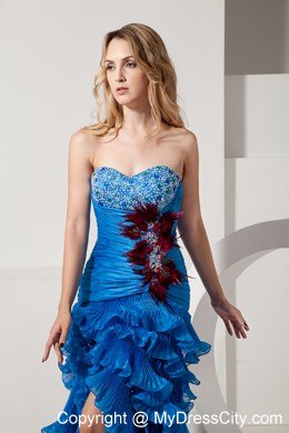 Blue Sweetheart Beading and Feathers Prom Dress with Ruffles