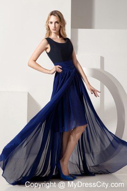 Navy Blue High-low Chiffon Prom Pageant Dress with Scoop