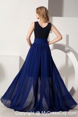 Navy Blue High-low Chiffon Prom Pageant Dress with Scoop