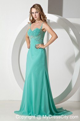 Green Slinky Straps Beaded Prom Pageant Dresses with Train