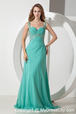 Green Slinky Straps Beaded Prom Pageant Dresses with Train