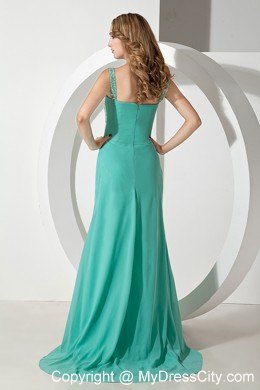 Green Slinky Straps Beaded Prom Pageant Dresses with Train