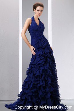 Ruffled Navy Blue Mermaid Halter Prom Dress with Court Train