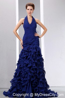 Ruffled Navy Blue Mermaid Halter Prom Dress with Court Train